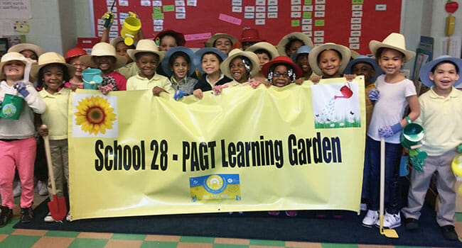 During a recent service project, students at Paterson School 28 in New Jersey planted fruits and vegetables to help feed people in their local high-poverty community.