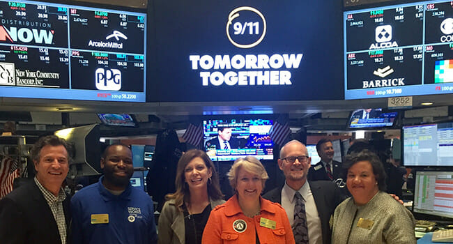 Alonzo Warren, second from left, joined 9/11 Day Co-Founder David Paine, Points of Light CEO Tracy Hoover, Corporation for National and Community Service CEO Wendy Spencer, 9/11 Day Co-Founder Jay Winuk, and Citi Foundation Senior Vice President Rosemary Byrnes at the New York Stock Exchange on Sept. 9, where he rang the Opening Bell.