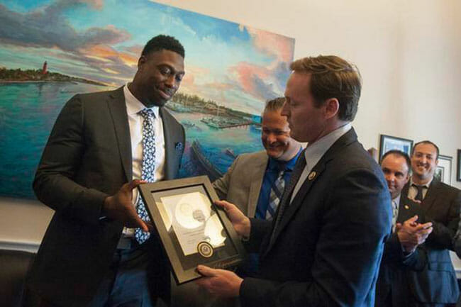 Jared Cook was recognized by Rep. Patrick Murphy (D-Fla.) for his dedication to community service, and for his work with First Step and the Restoring the Village initiative.
