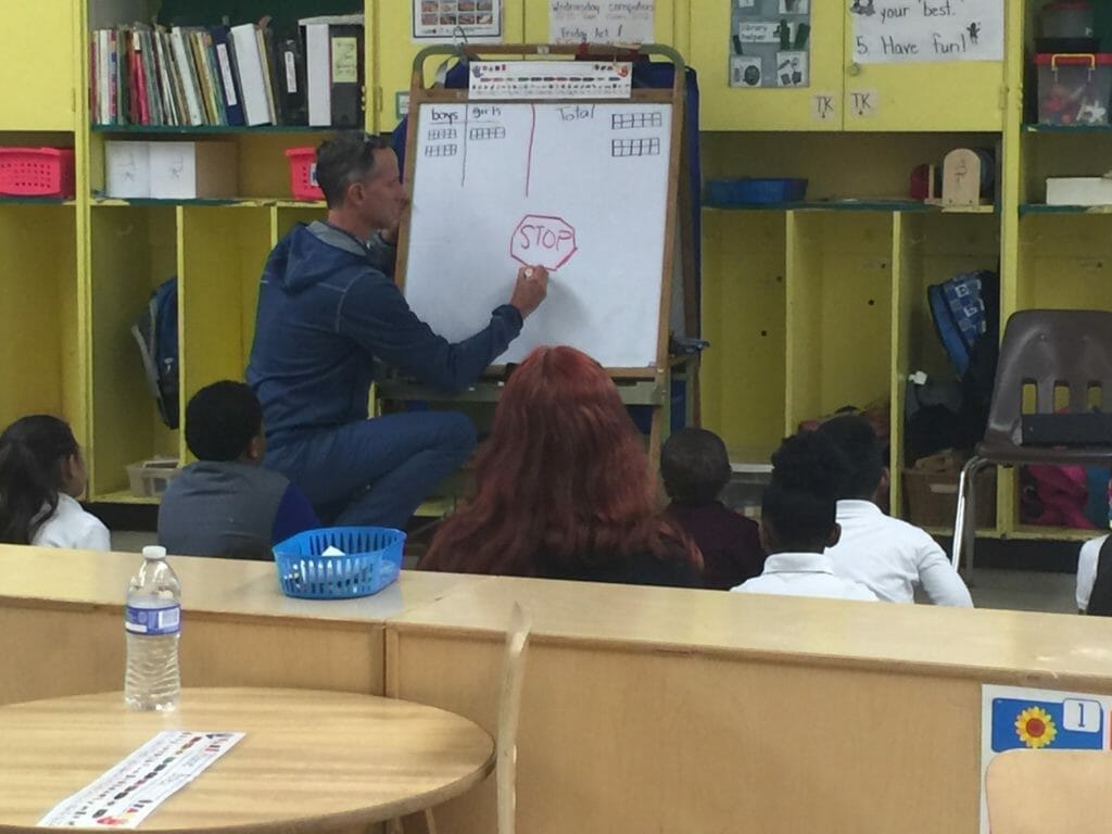 Andrew Nance teaching mindfulness to a class of four- and five-year-olds who are being prepped for entry to kindergarten at Charles Drew Academy./Courtesy Andrew Nance