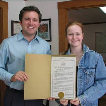 Elizabeth Klosky and New York Assemblyman James Skoufis holding the official Proclamation of Pollinator Week that Elizabeth helped draft and was signed into law by Gov. Andrew Cuomo.