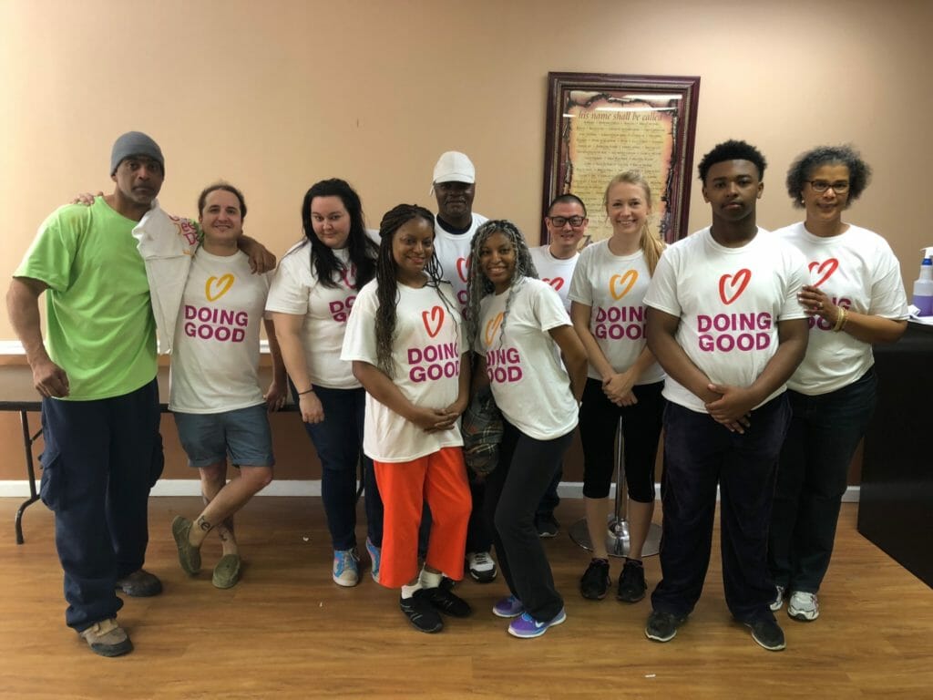 Slone (second from left) and HandsOn Atlanta volunteers getting ready to distribute groceries at Grace Community Food Pantry./Courtesy Fleming Slone