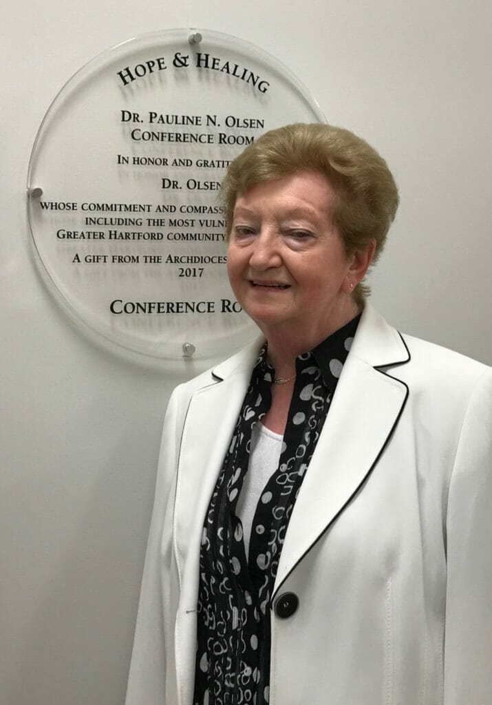 Dr. Olsen stands outside a St. Francis Hospital conference room that was named in her honor in 2017./Courtesy Pauline Nagle Olsen