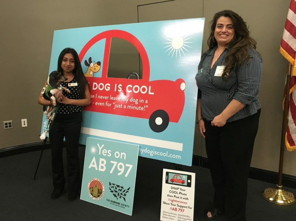 Lesly Diaz (left) with DogE911 founder Genéte M. Bowen and service pup Doxie Chloe at the Sacramento State Capital working with animal lawyers and advocates helping pass Bill AB797. Lesly spoke with California Senate and Assembly Legislators about her thoughts and concerns on the importance of this law./ Courtesy DogE911