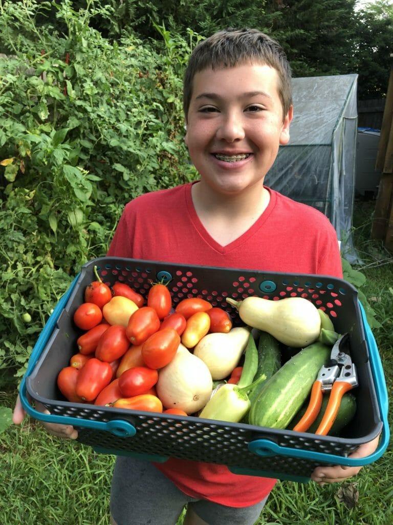 Ian with a basket of organic veggies he harvested from his backyard garden. This harvest was donated to children who were attending a summer meal program./Courtesy Ian McKenna