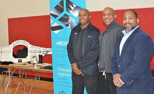 Members of the Arconic African Heritage Network from Arconic Cleveland Operations participated in an aerospace career fair at John Marshall High School, one of Cleveland Metro School's engineering magnet schools. Volunteers engaged students in one-on-one discussions, and talked about their career paths and the manufacturing industry.