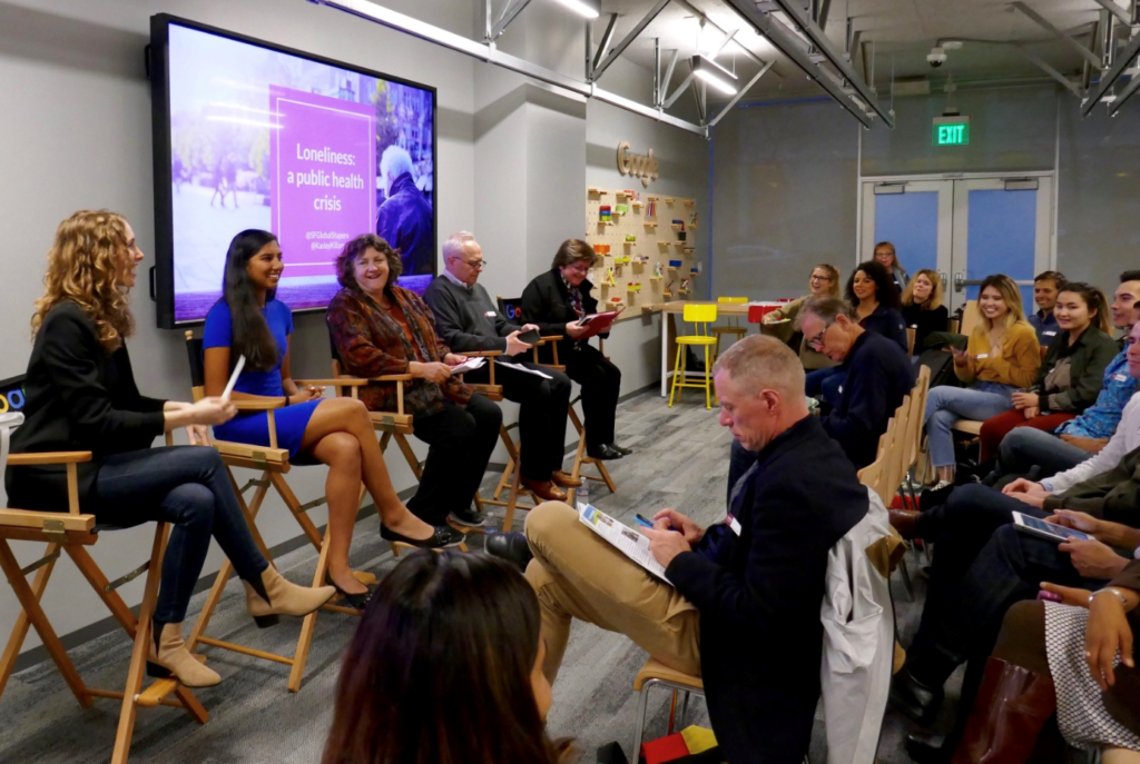 Anika Kumar speaks on a panel at a SF Global Shapers event to raise awareness for social isolation in the older adult population./Courtesy Anika Kumar