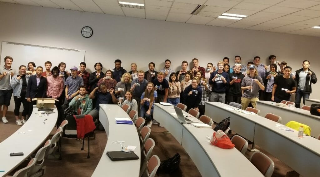 Alex (third from left) with 50 of the students from the University of Wisconsin-Milwaukee who participated in his free workshop./ Courtesy Karee Hart