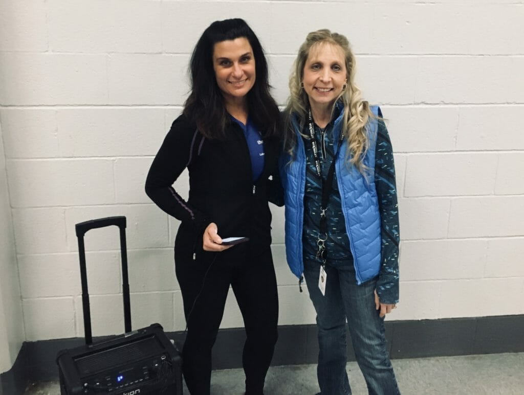 Lake County YMCA hosts a weekly cardio class at the Lake County Jail. Kristy Mowry (right) and Lake County YMCA instructor Lana Niebuhr (left) pictured before the class starts./Courtesy Kristy Mowry